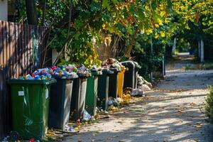 ai generato rifiuto ordinamento spazzatura bidoni, spazzatura lattine. ordinamento spazzatura. ecologia sciocchezze raccolta differenziata foto