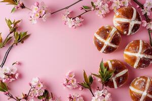 ai generato Pasqua al forno caldo attraversare panini festivo Pasqua dolce, mini uova, primavera fiori, spazio per testo foto