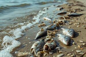 ai generato ambientale urto industriale attività, olio acque reflue è spargimento su spiaggia, morto Pesci su riva foto