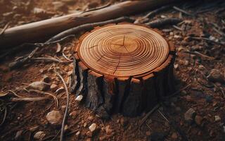 ai generato ceppo il albero ha stato tagliare fuori uso, in partenza appena il ceppo. distruttivo foresta sfondo. taglio giù alberi. deforestazione. foto