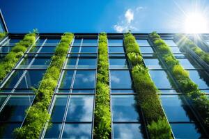 ai generato eco-friendly edificio nel il moderno città. sostenibile bicchiere ufficio edificio con albero per riducendo carbonio biossido. ufficio edificio con verde ambiente. aziendale edificio ridurre co2. foto