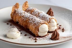 ai generato cannoli e cioccolato polvere su piatto foto