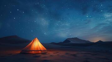 ai generato Esperienza il Magia di deserto campeggio con un' cielo pieno di stelle alto e il pace di natura foto