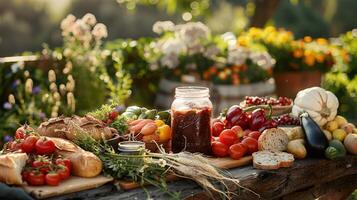 ai generato azienda agricola per tavolo, fresco, biologico produrre su un' rustico di legno tavolo all'aperto, con di stagione la verdura, artigiano pane, e fatti in casa conserve per sostenibile cenare. foto