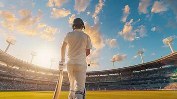 ai generato cricket giocatore nel azione a il stadio, catturato a partire dal dietro a nel il sereno pomeriggio luce, in mostra il concentrazione e abilità di il gioco foto