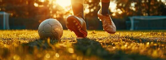 ai generato intenso messa a fuoco su calcio Giocatori piedi e scarpe, in mostra abilità e precisione su il erba campo con spazio per testo nel pomeriggio luce del sole. foto