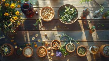 ai generato naturale rimedi su un' di legno tavolo, con essenziale oli e medicinale erbe aromatiche per un' a base vegetale approccio per benessere. foto