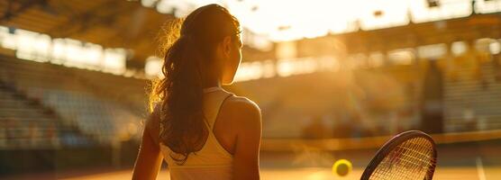 ai generato professionale femmina tennis giocatore nel azione a il stadio, il pomeriggio sole evidenziazione sua messa a fuoco e precisione con il racchetta foto