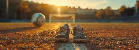 ai generato intenso messa a fuoco su calcio Giocatori piedi e scarpe, in mostra abilità e precisione su il erba campo con spazio per testo nel pomeriggio luce del sole. foto