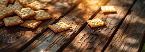 ai generato cracker di legno tavolo, superiore Visualizza di di legno tavolo nel il morbido luce del sole, spazio per testo con cracker su il tavolo foto