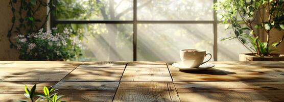 ai generato mattina caffè ambiance con caffè espresso tazza su baciato dal sole tavolo, espresso di legno tavolo foto