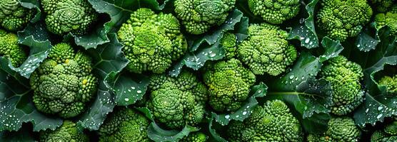 ai generato fresco verde broccoli avvicinamento con rugiadoso foglie, in mostra vivace textures foto