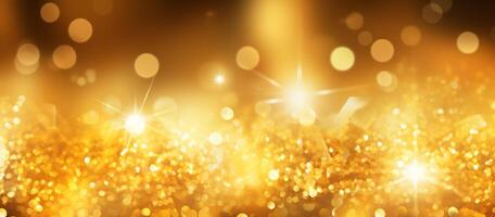 ai generato un' vivace e scintillante d'oro leggero con bokeh effetti, brillante oro sfondo illuminato di un' moltitudine di luminosa luci foto