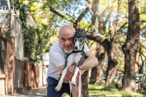 orizzontale ritratto di un' levriero cane abbracciare il suo proprietario all'aperto. foto