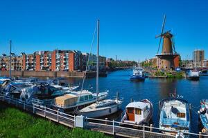 Visualizza di il porto di delfino rasato e il vecchio grano mulino de destilleerketel. Rotterdam, Olanda foto