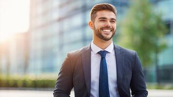 ai generato un' uomo nel un' completo da uomo e cravatta è sorridente foto