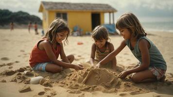 ai generato tre bambini giocando nel il sabbia su il spiaggia foto