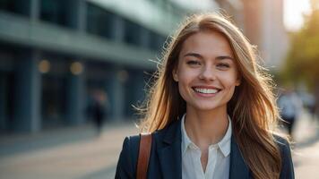 ai generato un' sorridente giovane donna nel un' attività commerciale completo da uomo foto