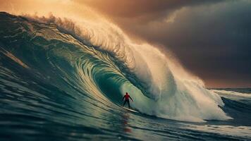 ai generato un' surfer equitazione un' grande onda a tramonto foto