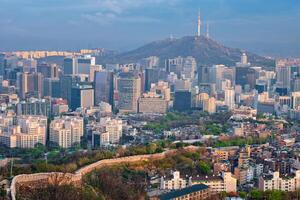 Seoul orizzonte su tramonto, Sud Corea. foto