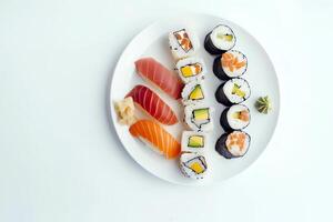 ai generato Sushi servito su un' piatto isolato su un' bianca sfondo foto