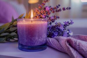 ai generato aromaterapia concetto. viola profumato candela con lavanda fiori. generativo ai foto