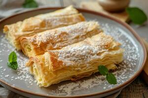 ai generato dolce strudel con crema formaggio su un' piatto. generativo ai foto