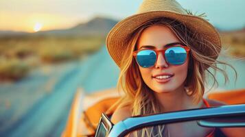 ai generato ritratto di bellissimo giovane donna nel blu occhiali da sole e cannuccia cappello guida arancia Vintage ▾ macchina, stile di vita e avventura concetto, strada viaggio sfondo foto