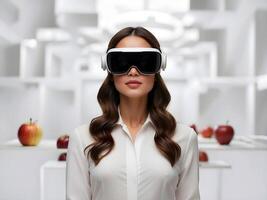 ai generato giovane donna indossare misto la realtà cuffia, vr virtuale la realtà futuristico tecnologia concetto, persone e stile di vita, isolato su bianca sfondo foto