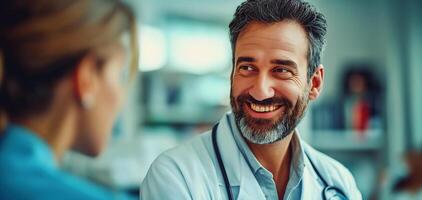 ai generato ritratto di bello maturo medico nel bianca cappotto e stetoscopio sorridente e parlando per paziente nel Ospedale, Salute cura e medico sfondo foto