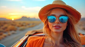 ai generato ritratto di bellissimo giovane donna nel blu occhiali da sole e cannuccia cappello guida arancia Vintage ▾ macchina, stile di vita e avventura concetto, strada viaggio sfondo foto