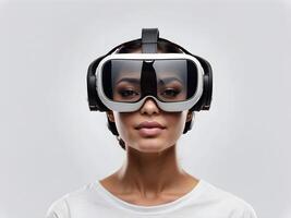 ai generato giovane donna indossare misto la realtà cuffia, vr virtuale la realtà futuristico tecnologia concetto, persone e stile di vita, isolato su bianca sfondo foto