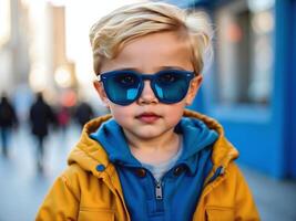 ai generato ritratto di carino poco bionda ragazzo con blu occhiali da sole, moda e capi di abbigliamento freddo bambini, vita stile sfondo, modello foto