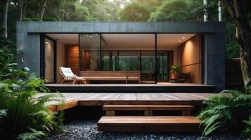 ai generato moderno architettura, capsula stile Casa con nuoto piscina concetto costruito nel natura e foresta, sfondo, sfondo foto