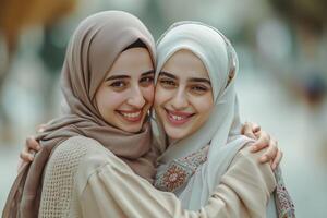 ai generato ritratto di contento Arabo Due amico musulmano donna con hijab vestito sorridente e abbracciare insieme foto
