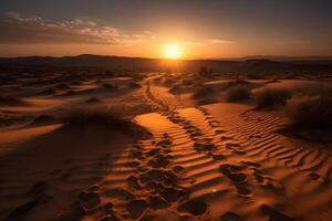 ai generato impronte nel il sabbia nel il deserto durante tramonto. neurale Rete ai generato foto