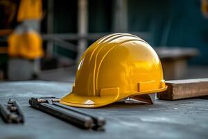 ai generato costruzione casco è un' simbolo di sicurezza nel il posto di lavoro. impostato di Strumenti. sicurezza concetto selettivo messa a fuoco. Fai da te foto