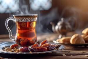 ai generato tradizionale Arabo tè impostato e secco date foto