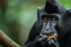 ai generato crestato nero macaco mangiare sulawesi crestato macaco, mondo natura giorno foto