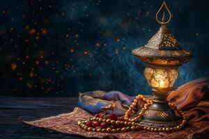 ai generato aladdin lampada di auguri, date, musulmano lanterna e preghiera perline per Ramadan su buio sfondo foto