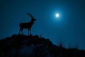 ai generato cervo silhouette su un' collina nel il chiaro di luna, mondo natura giorno foto