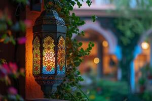 ai generato ornato Ramadan lanterna e un ornamentale telaio foto