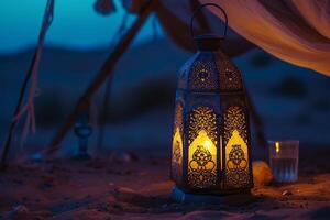 ai generato illuminato egiziano lanterna di Arabo tenda nel il deserto durante Ramadan sera foto