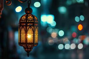 ai generato lanterna nel il città a notte, Ramadan kareem concetto foto