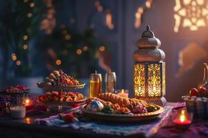 ai generato musulmano Ramadan mubarak iftar tavolo Spettacoli Ramadan Alimenti e lanterna leggero con santo mese eid mubarak concetto sfondo foto