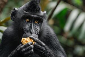 ai generato crestato nero macaco mangiare sulawesi crestato macaco, mondo natura giorno foto