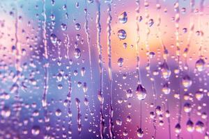 ai generato gocce di pioggia su bicchiere, rosa blu pendenza sfondo foto