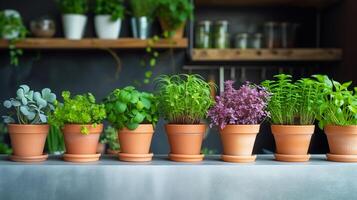 ai generato cucina contatore con fresco culinario erbe aromatiche foto