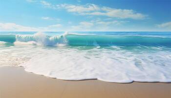 ai generato bellissimo sabbioso spiaggia e morbido blu oceano onda realistico fotografia foto