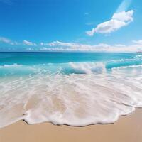 ai generato bellissimo sabbioso spiaggia e morbido blu oceano onda realistico fotografia foto